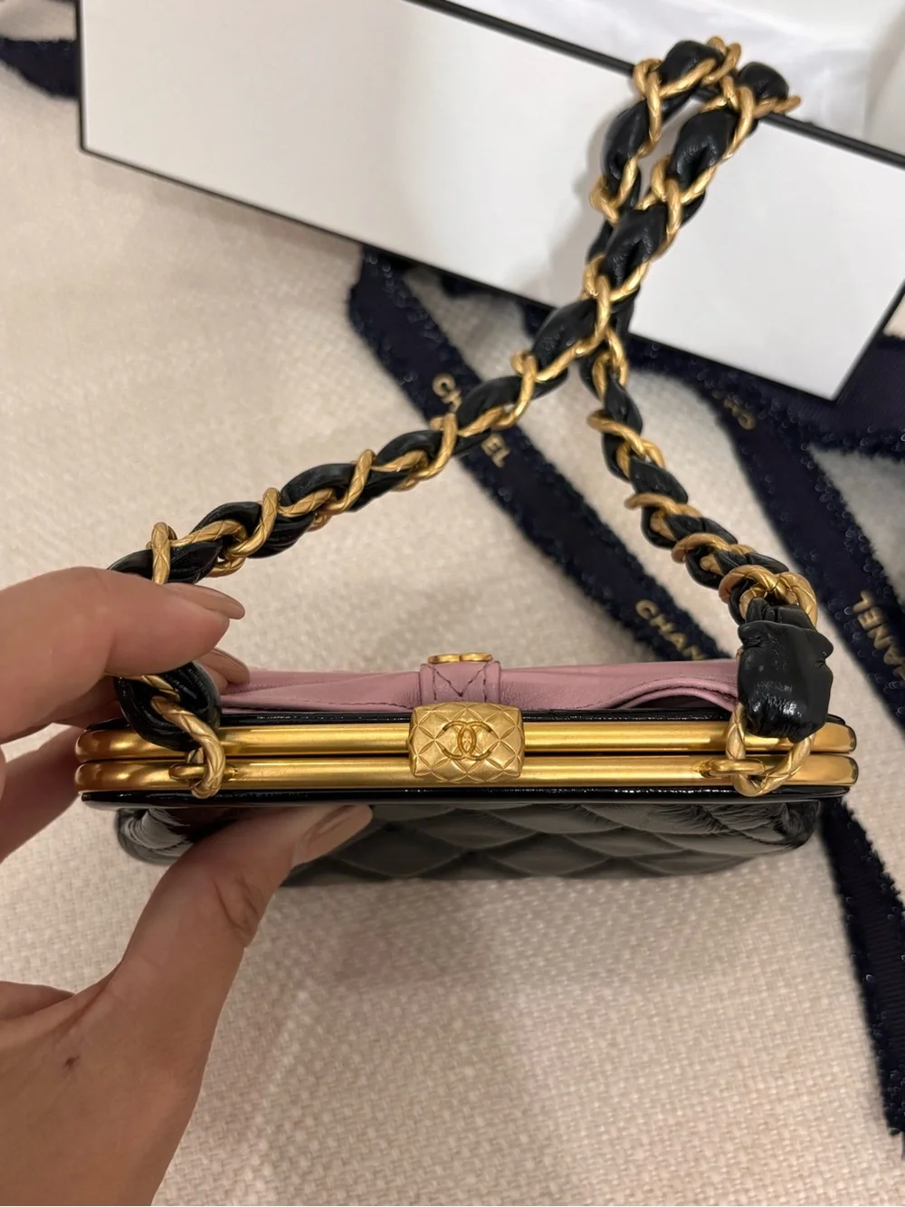 Authentic CHANEL mini pink bow black lambskin patent leather crossbody bag